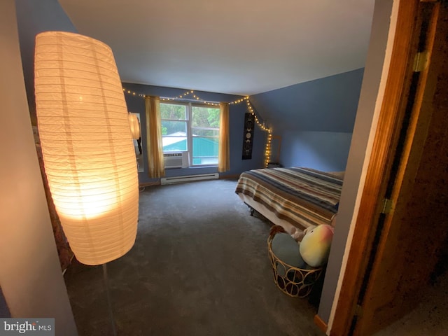 390 Summer Hill Rd, Schuylkill Haven, PA 17972 - bedroom with dark carpet, baseboard heating, lofted ceiling, and cooling unit