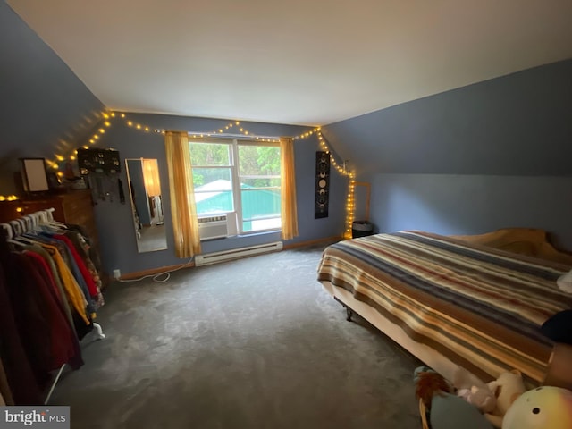 390 Summer Hill Rd, Schuylkill Haven, PA 17972 - carpeted bedroom with a baseboard heating unit, vaulted ceiling, and cooling unit