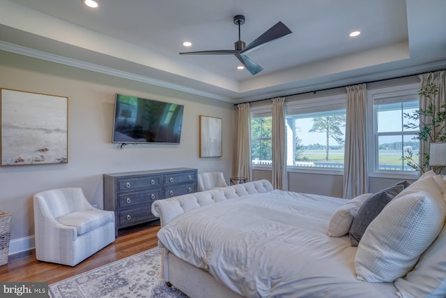 22261 Waterview Rd, Lewes, DE 19958 - bedroom with a tray ceiling, multiple windows, wood finished floors, recessed lighting, and ceiling fan