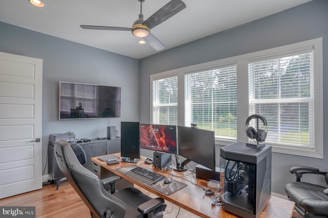 22261 Waterview Rd, Lewes, DE 19958 - office area featuring ceiling fan, wood finished floors, and recessed lighting