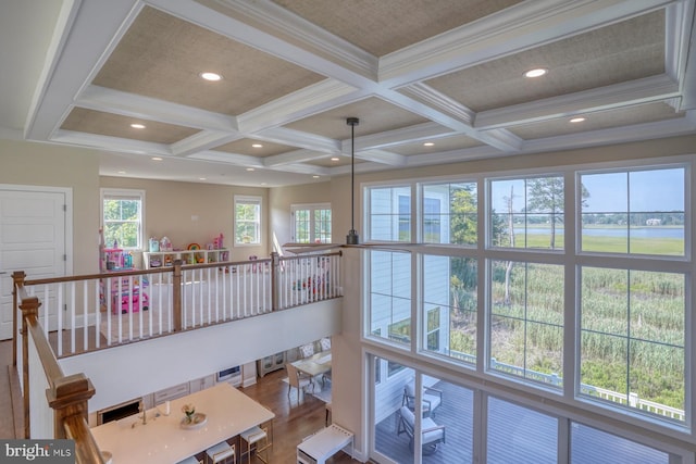 22261 Waterview Rd, Lewes, DE 19958 - detailed view of coffered ceiling, beam ceiling, wood finished floors, and recessed lighting