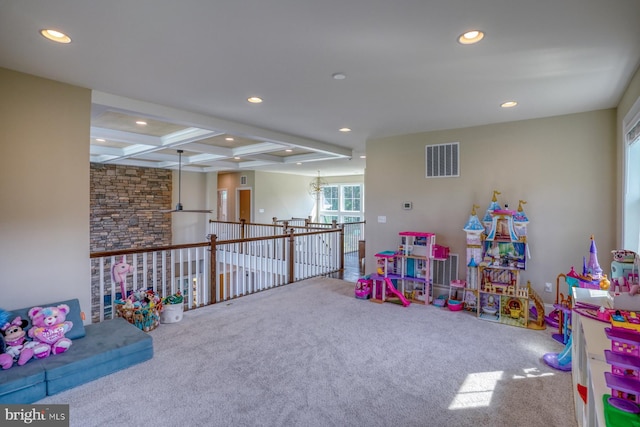 22261 Waterview Rd, Lewes, DE 19958 - rec room with carpet floors, recessed lighting, beamed ceiling, and coffered ceiling