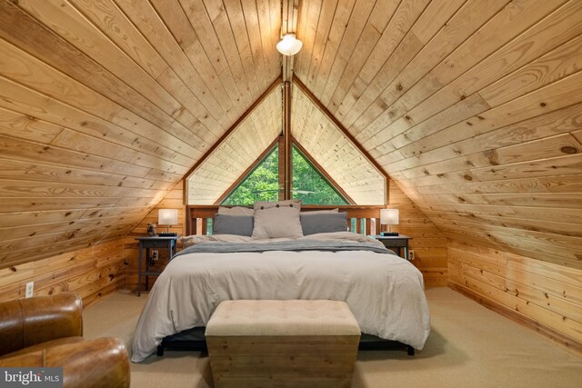 877 Shangri La Rd, Bentonville, VA 22610 - carpeted bedroom featuring wood ceiling, wooden walls, and vaulted ceiling