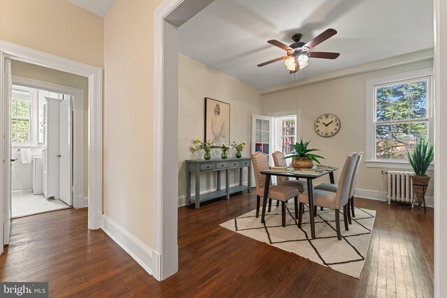 1623 Lanier Pl NW Unit 202, Washington, DC 20009 - dining space featuring radiator heating unit, hardwood / wood-style flooring, and ceiling fan