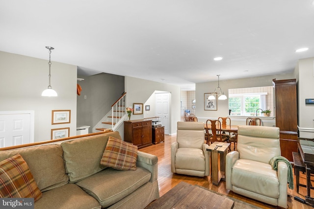 18275 Rolling Meadow Way, Olney, MD 20832 - living area with light wood-style floors, a chandelier, stairway, and recessed lighting