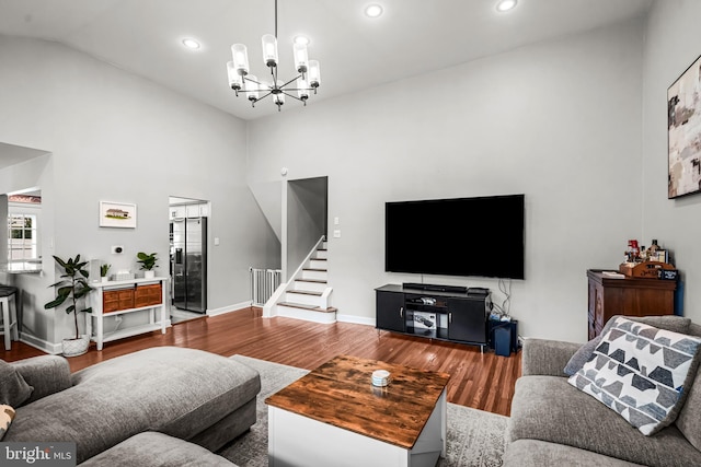 202 Cranford Rd, Cherry Hill, NJ 08003 - living room featuring stairs, wood finished floors, a chandelier, recessed lighting, and high vaulted ceiling
