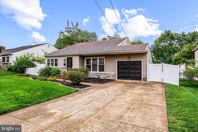 202 Cranford Rd, Cherry Hill, NJ 08003 - single story home with an attached garage, concrete driveway, stone siding, a chimney, and a gate