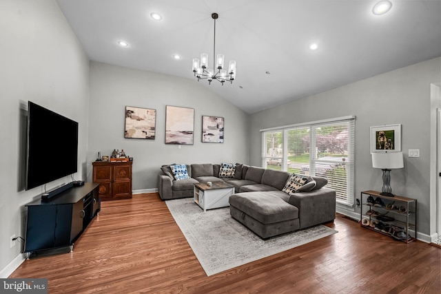 202 Cranford Rd, Cherry Hill, NJ 08003 - living room featuring lofted ceiling, wood finished floors, a chandelier, and recessed lighting