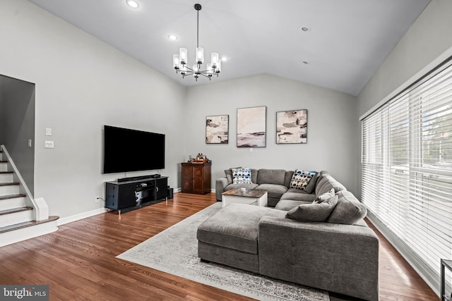 202 Cranford Rd, Cherry Hill, NJ 08003 - living room with a chandelier, stairway, vaulted ceiling, dark wood-type flooring, and recessed lighting