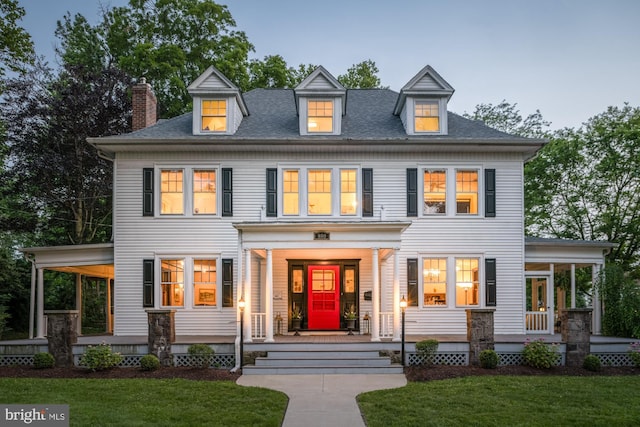 800 Main St, Riverton, NJ 08077 - colonial house featuring covered porch, a front yard, a chimney, and a shingled roof
