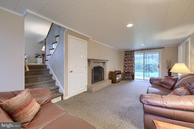 2202 Burkey Dr, Reading, PA 19610 - carpeted living area featuring crown molding, stairway, a brick fireplace, and recessed lighting