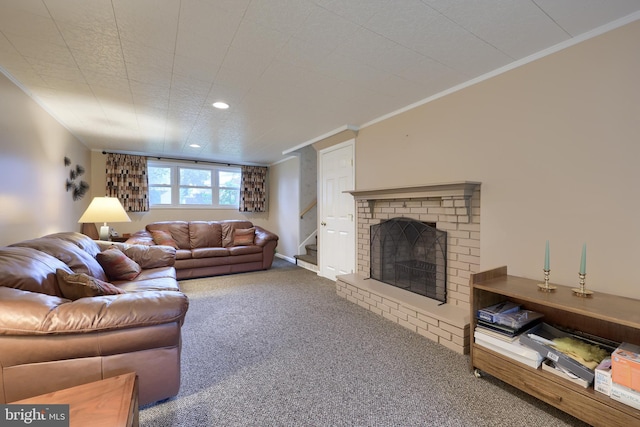 2202 Burkey Dr, Reading, PA 19610 - carpeted living room with crown molding, stairway, and recessed lighting