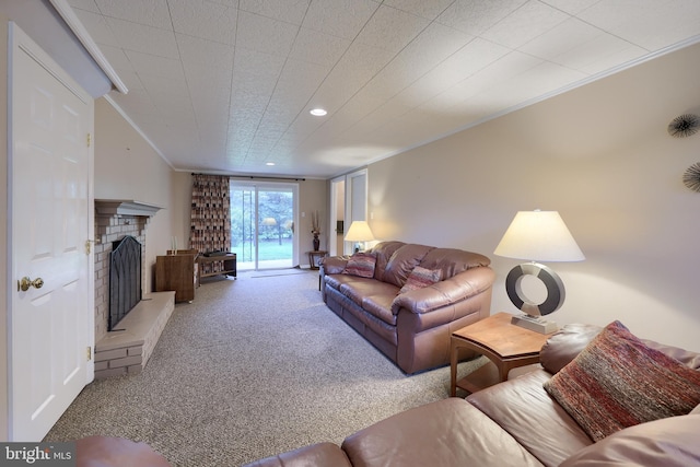 2202 Burkey Dr, Reading, PA 19610 - living room featuring ornamental molding, carpet, a brick fireplace, and recessed lighting