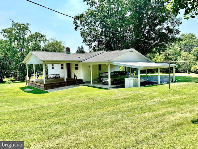 13709 Fir Tree Ln, Cresaptown, MD 21502 - view of front facade featuring a front lawn, a shingled roof, a chimney, and a carport