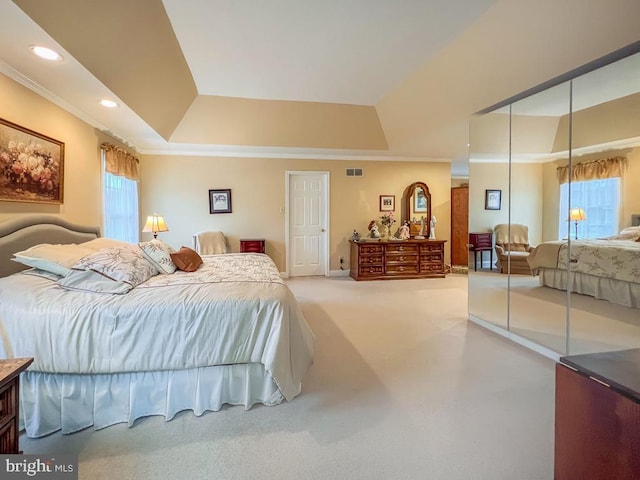 19 Pheasant Run Rd, New Hope, PA 18938 - bedroom with ornamental molding, a raised ceiling, a closet, carpet, and recessed lighting