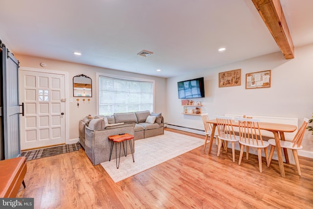 215 Murray Dr, Doylestown, PA 18901 - living area featuring a barn door, a baseboard radiator, light wood-style floors, recessed lighting, and beamed ceiling