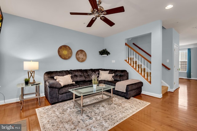 810 Broken Twig Ct, Odenton, MD 21113 - living area featuring hardwood / wood-style flooring, ceiling fan, stairs, and recessed lighting