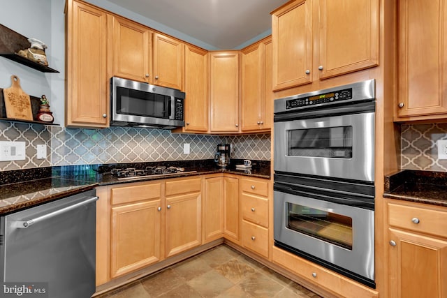 810 Broken Twig Ct, Odenton, MD 21113 - kitchen with stainless steel appliances, open shelves, dark stone countertops, backsplash, and light brown cabinets