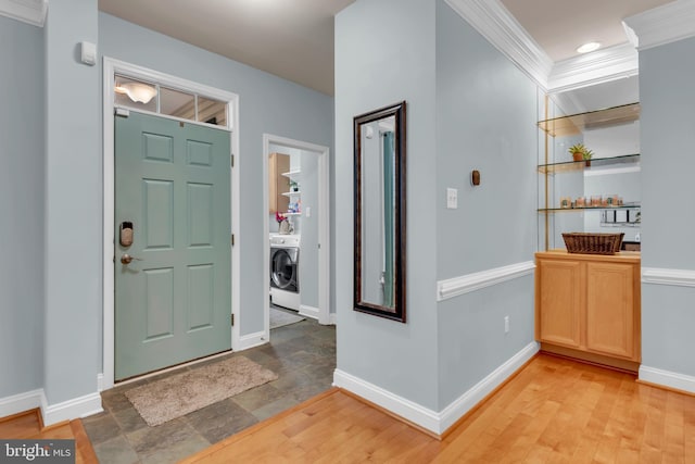 810 Broken Twig Ct, Odenton, MD 21113 - entrance foyer featuring washer / clothes dryer, ornamental molding, recessed lighting, and light wood finished floors