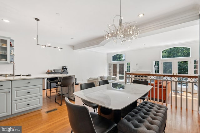 2009 Magarity Ct, Falls Church, VA 22043 - dining area featuring a chandelier, light wood-type flooring, recessed lighting, an office area, and french doors