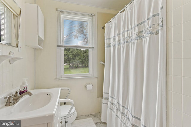 694 Davisville Rd, Warminster, PA 18974 - bathroom with vanity, curtained shower, and marble finish flooring