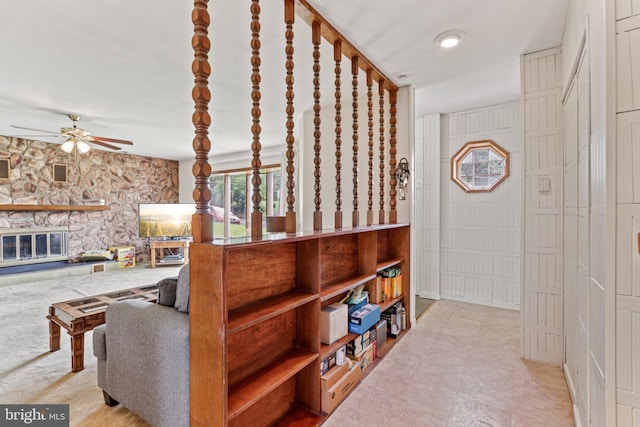 694 Davisville Rd, Warminster, PA 18974 - stairs with a ceiling fan and a stone fireplace
