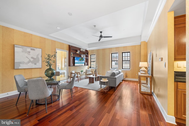 1701 Locust St Unit 2015, Philadelphia, PA 19103 - living room featuring dark wood-style floors, ceiling fan, wallpapered walls, and crown molding
