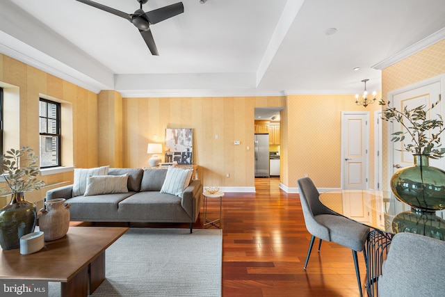 1701 Locust St Unit 2015, Philadelphia, PA 19103 - living area with wood finished floors, wallpapered walls, ceiling fan, a chandelier, and crown molding