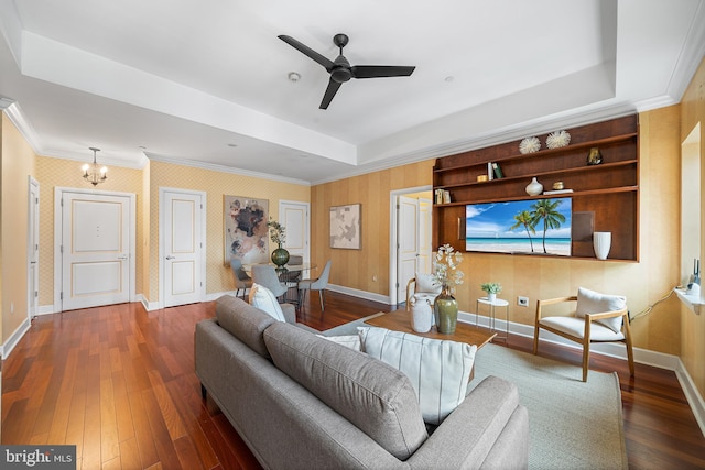 1701 Locust St Unit 2015, Philadelphia, PA 19103 - living room featuring wood finished floors, a ceiling fan, ornamental molding, and a tray ceiling