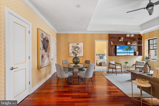 1701 Locust St Unit 2015, Philadelphia, PA 19103 - dining area with wallpapered walls, hardwood / wood-style floors, a ceiling fan, and ornamental molding