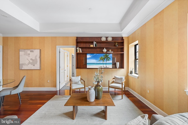 1701 Locust St Unit 2015, Philadelphia, PA 19103 - living area with wood finished floors, wallpapered walls, and a raised ceiling