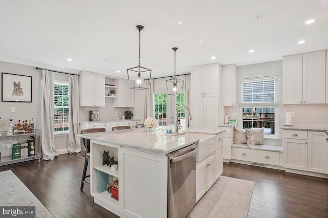 628 Talon Ct, Arnold, MD 21012 - kitchen with open shelves, stainless steel dishwasher, white cabinetry, a center island with sink, and dark wood-type flooring