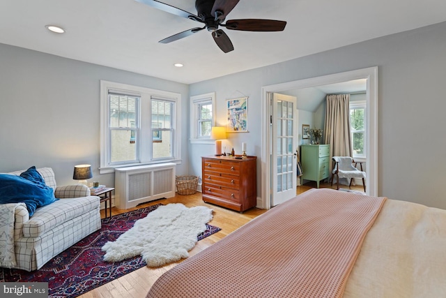 627 E Allens Ln, Philadelphia, PA 19119 - bedroom featuring radiator, wood finished floors, recessed lighting, and ceiling fan
