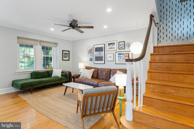 627 E Allens Ln, Philadelphia, PA 19119 - living room with stairway, wood finished floors, a ceiling fan, recessed lighting, and crown molding