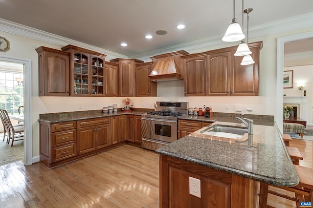 455 Foxdale Ln, Charlottesville, VA 22903 - kitchen featuring double oven range, custom range hood, crown molding, a peninsula, and glass insert cabinets