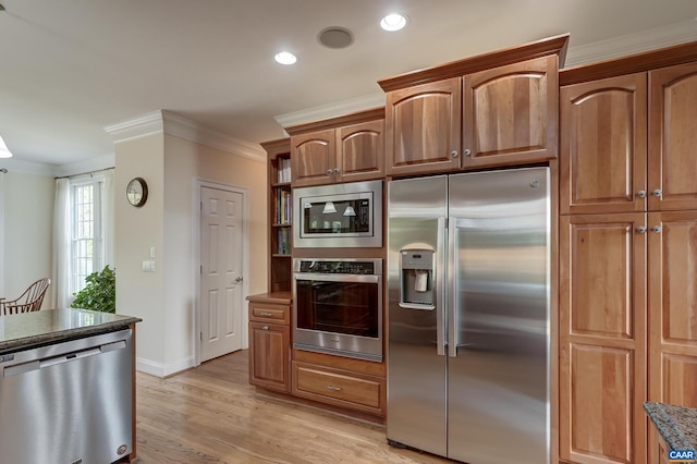 455 Foxdale Ln, Charlottesville, VA 22903 - kitchen featuring appliances with stainless steel finishes, ornamental molding, light wood-type flooring, open shelves, and recessed lighting