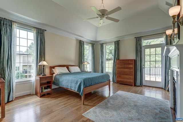455 Foxdale Ln, Charlottesville, VA 22903 - bedroom featuring wood finished floors, ceiling fan, and high vaulted ceiling