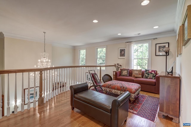 455 Foxdale Ln, Charlottesville, VA 22903 - living area with a chandelier, crown molding, wood finished floors, and recessed lighting
