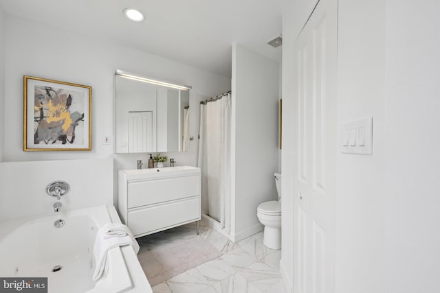 1200 6th St NE, Washington, DC 20002 - bathroom with marble look tile flooring, vanity, a bath, a shower with curtain, and recessed lighting