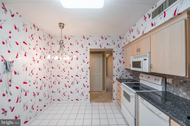 20630 Valley Forge Cir Unit 630, King Of Prussia, PA 19406 - kitchen with white appliances, wallpapered walls, a textured ceiling, light brown cabinets, and dark countertops