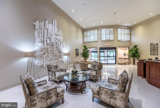 20630 Valley Forge Cir Unit 630, King Of Prussia, PA 19406 - tiled living area featuring crown molding, a towering ceiling, and recessed lighting