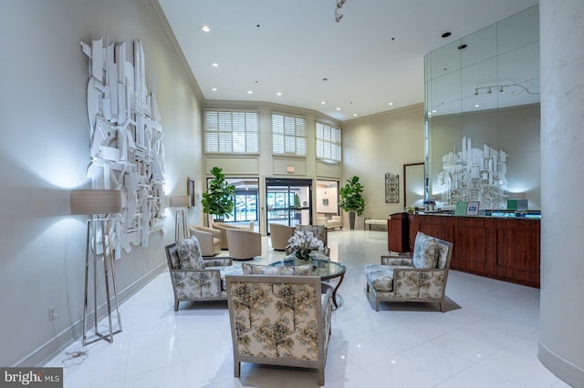 20630 Valley Forge Cir Unit 630, King Of Prussia, PA 19406 - living area with a high ceiling, ornamental molding, and recessed lighting