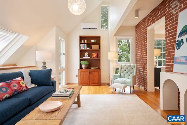 1614 Meadowbrook Heights Rd, Charlottesville, VA 22901 - living room with wood finished floors, an AC wall unit, lofted ceiling, and brick wall