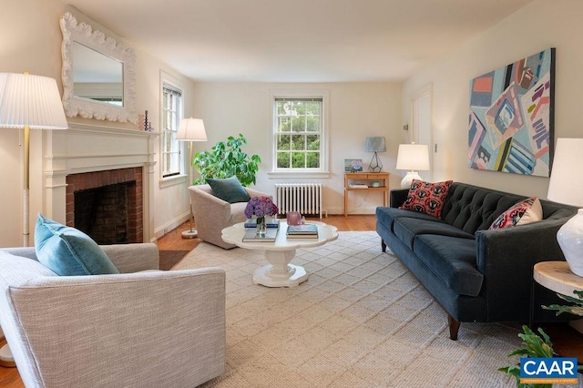 1614 Meadowbrook Heights Rd, Charlottesville, VA 22901 - living room featuring radiator heating unit, wood finished floors, and a fireplace