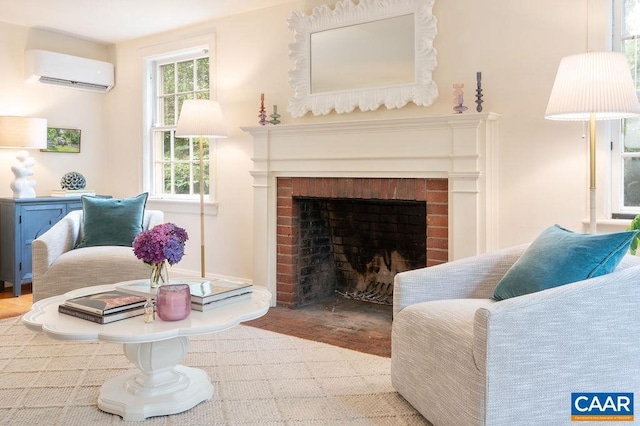 1614 Meadowbrook Heights Rd, Charlottesville, VA 22901 - living area with a wall mounted AC, wood finished floors, and a fireplace