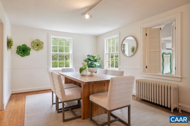 1614 Meadowbrook Heights Rd, Charlottesville, VA 22901 - dining area with radiator heating unit, light wood-type flooring, rail lighting, and a wall mounted air conditioner