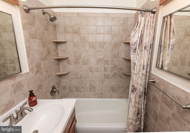 4239 Elbridge St, Philadelphia, PA 19135 - full bathroom with shower / bath combination with curtain, vanity, and tile walls