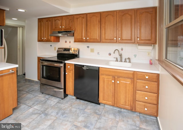 4239 Elbridge St, Philadelphia, PA 19135 - kitchen featuring dishwasher, stainless steel electric range oven, under cabinet range hood, brown cabinets, and light countertops