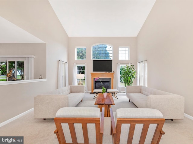 14228 Golden Hook Rd, Boyds, MD 20841 - living area with high vaulted ceiling, light carpet, and a fireplace