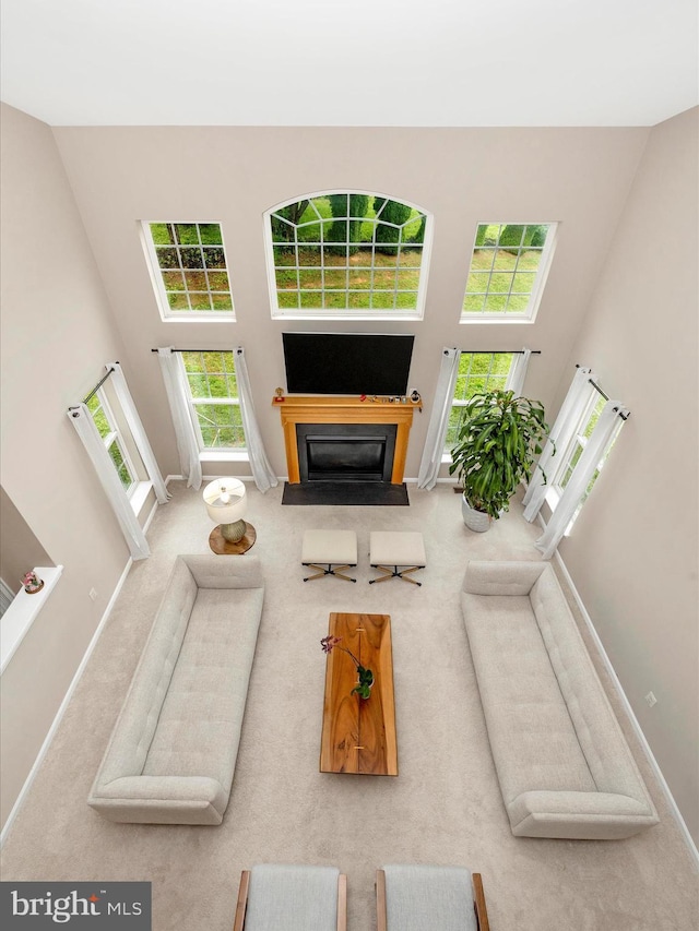 14228 Golden Hook Rd, Boyds, MD 20841 - carpeted living room featuring a towering ceiling and a fireplace with flush hearth